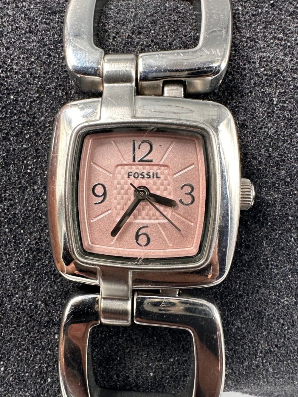 Fossil Watch Womens Pink Dial Stainless Steel Square 24MM New Battery 6.75"